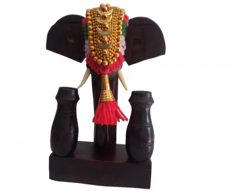Handcrafted Wooden Pooram Nettipatom Festival Elephant Pen Stand for Home Office Decor
